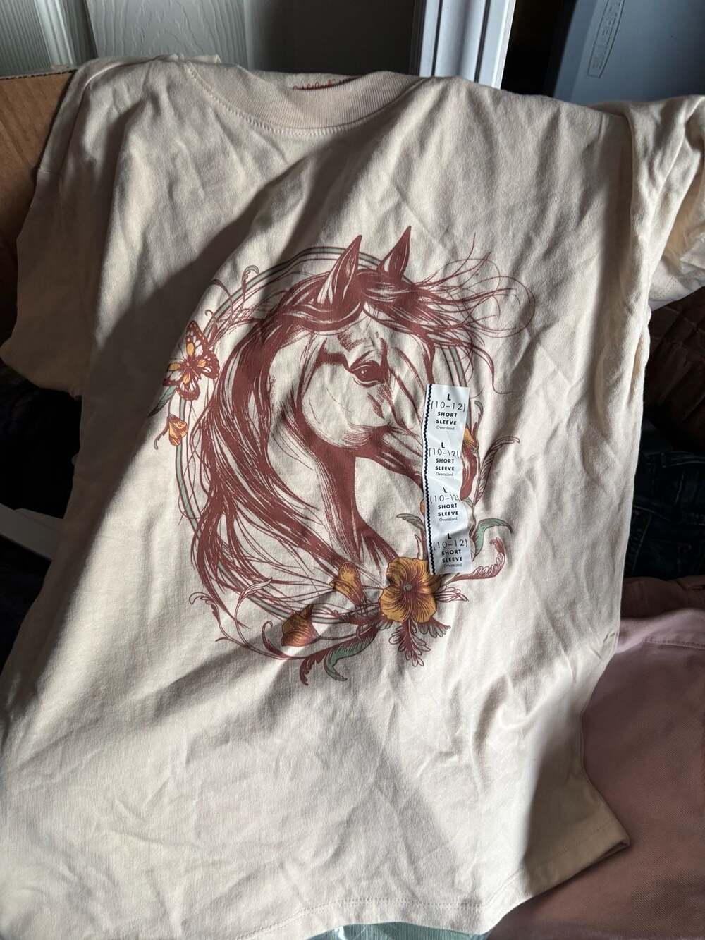 Girls' Short Sleeve Horse Graphic T-Shirt - Cat & Jack Beige L(10/12)